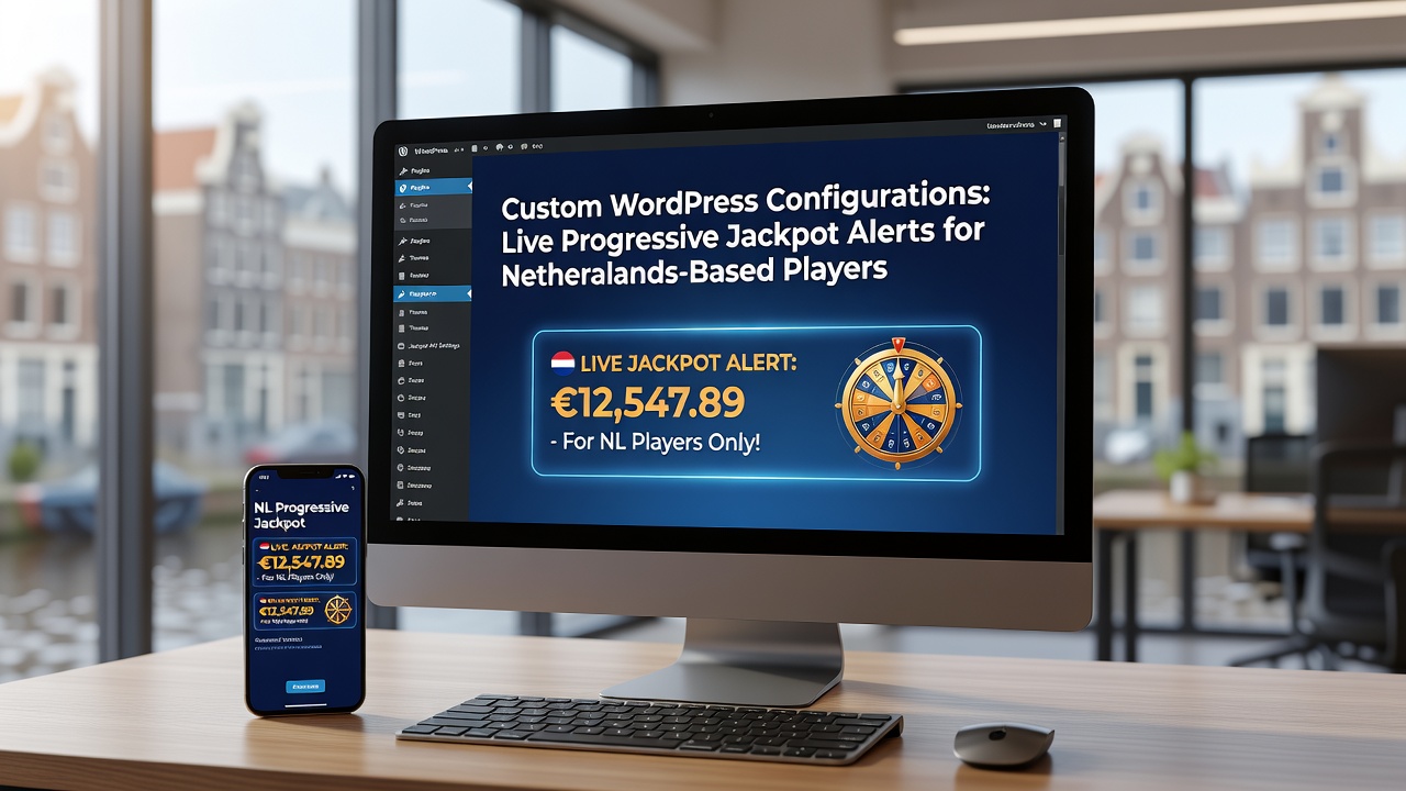 Technische weergave van WordPress-configuraties met live jackpotmeldingen voor Nederlandse gebruikers