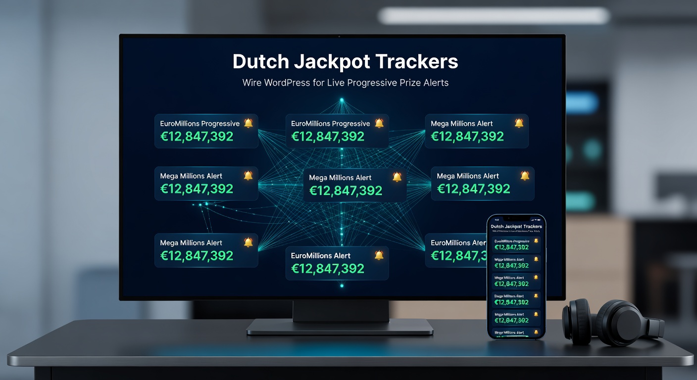 Schermafbeelding van een WordPress-dashboard met live jackpotmeters die pulseren met groeiende progressieve potten, typisch voor Nederlandse trackers