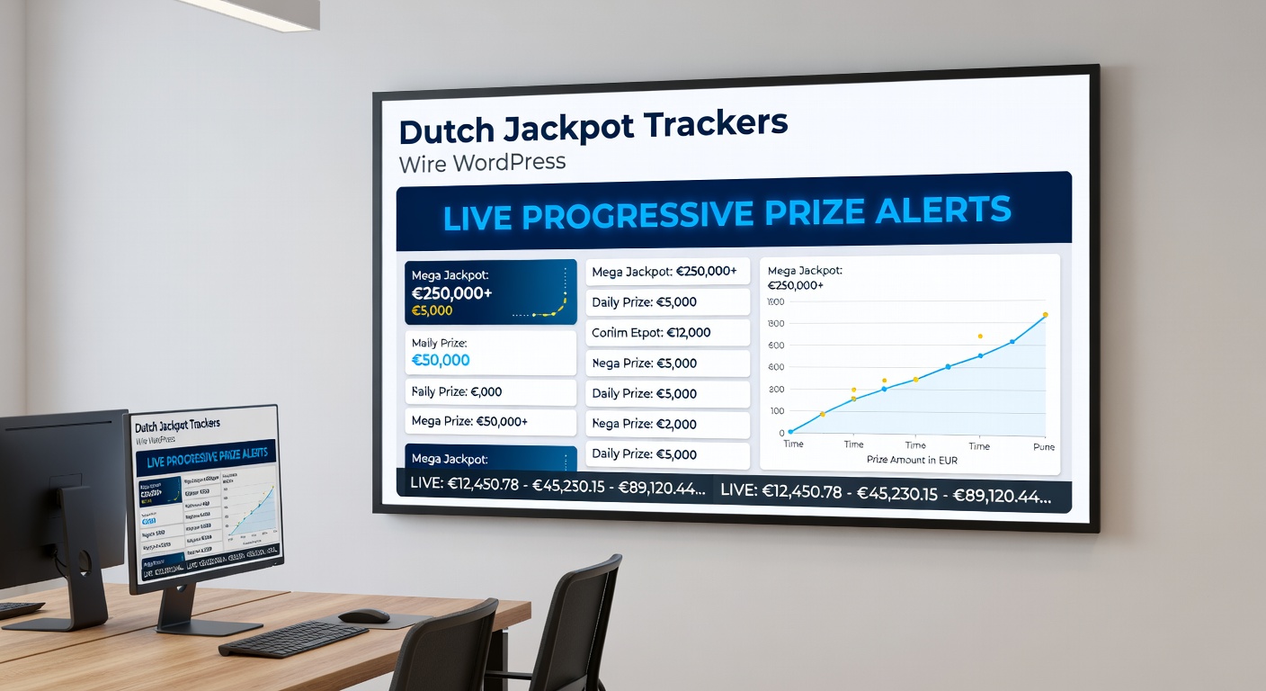 Grafiek met stijgende lijnen van progressieve jackpots in Nederlandse casinos, gekoppeld aan een WordPress-interface met rode alert-knoppen voor naderende uitbetalingen