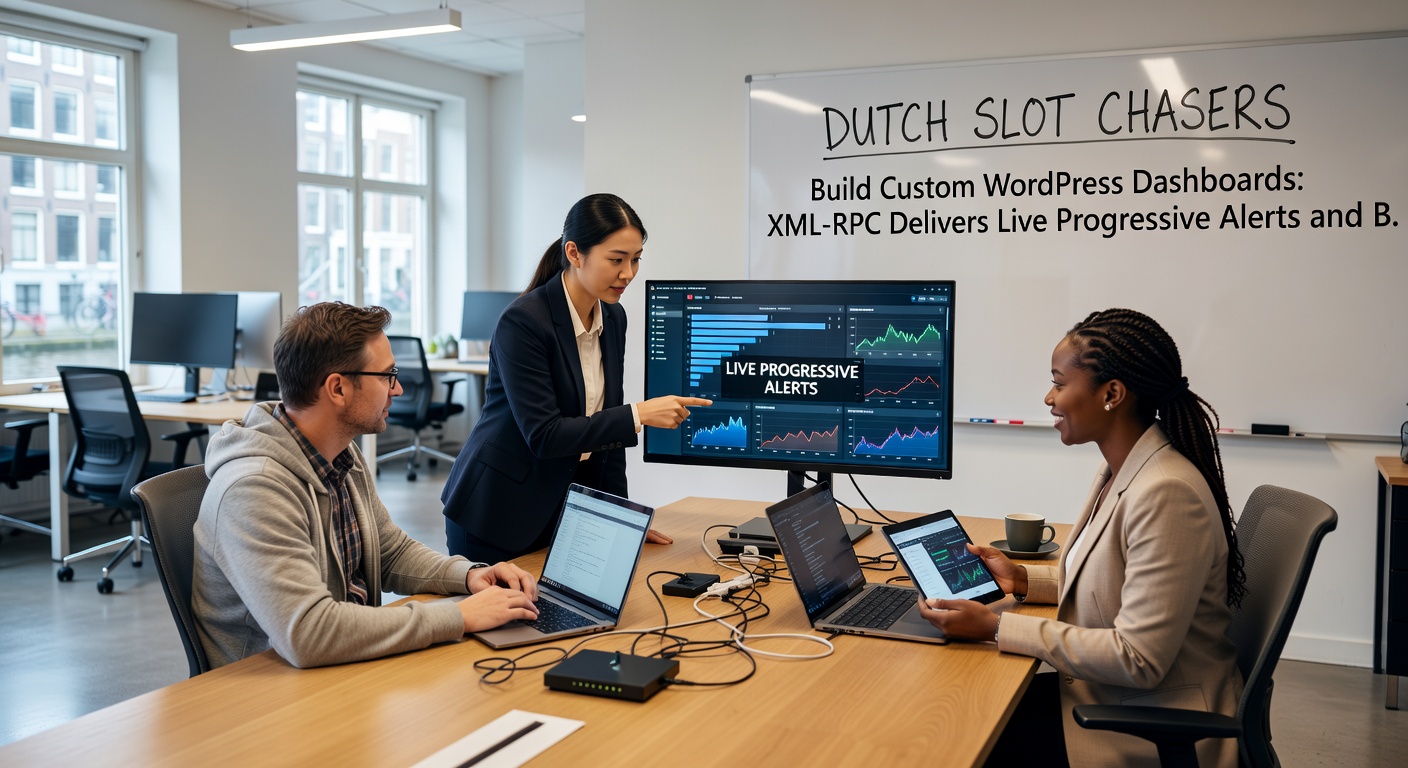 Voorbeeld van een real-time XML-RPC feed in een WordPress dashboard, tonend stijgende progressieve jackpots en bonus alerts voor Nederlandse spelers