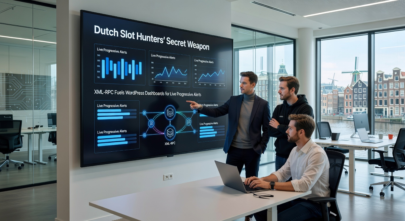 Voorbeeld van een XML-RPC-geactiveerd WordPress-dashboard met live jackpot-meters en alert-iconen, gebruikt door Nederlandse slot-communities