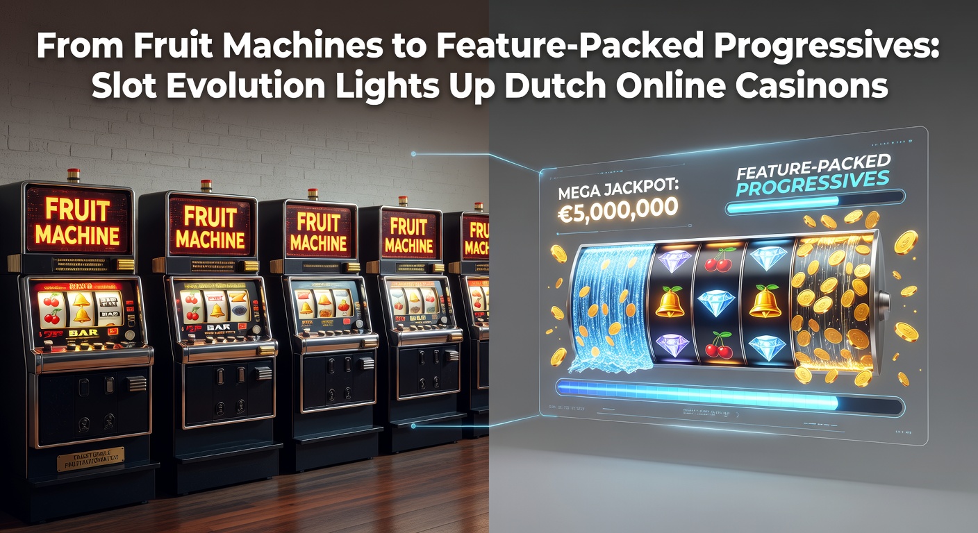 Klassieke fruitmachine naast moderne progressieve slot met gloeiende jackpotmeter in een Nederlands online casino-thema