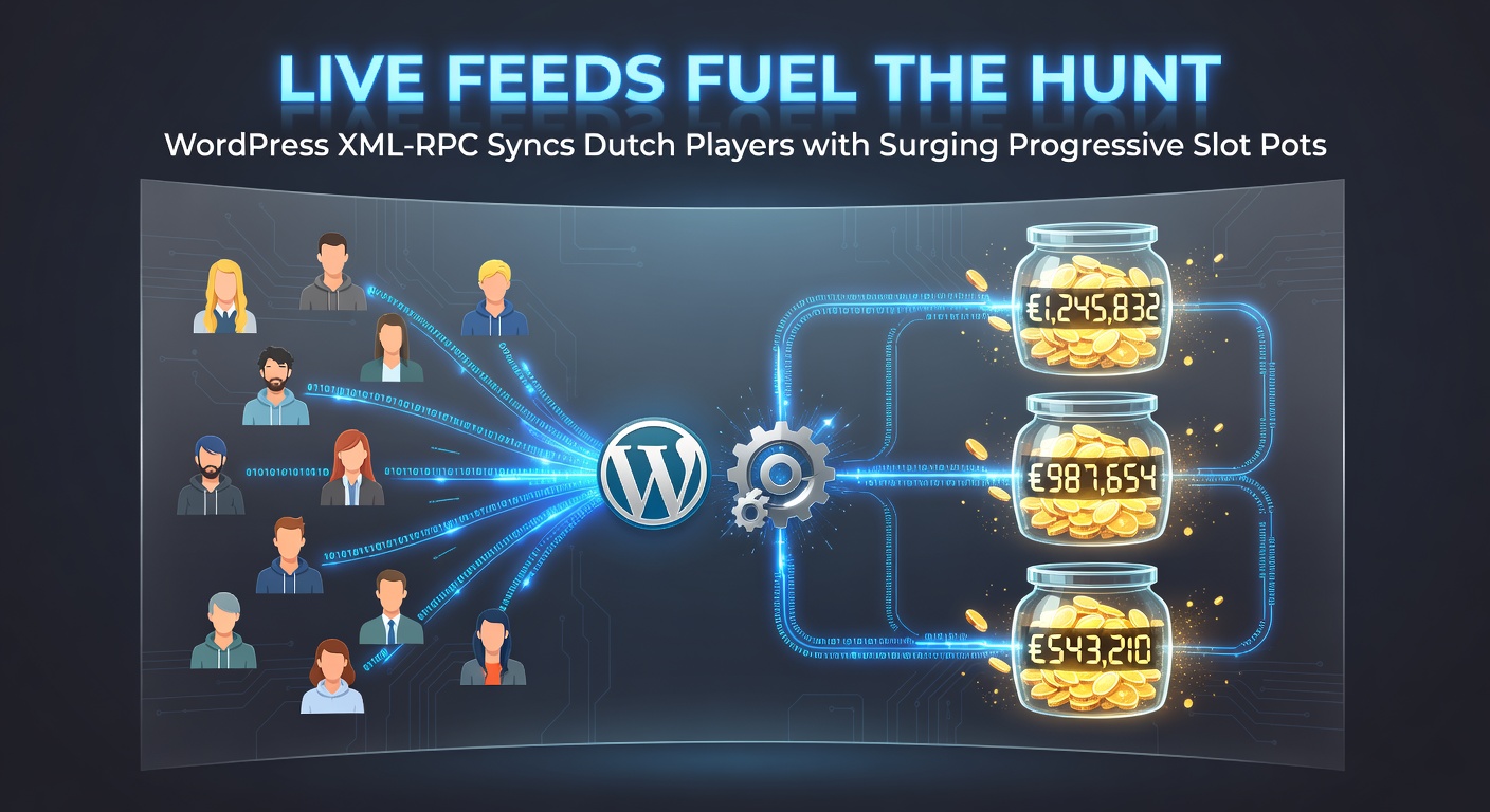 Schermafbeelding van een WordPress dashboard met live XML-RPC feeds die progressieve jackpotwaarden in real-time updaten voor Nederlandse online slots