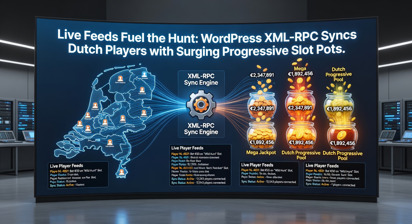 Grafiek met live lijnen van stijgende progressieve jackpotpotten, gesynchroniseerd via XML-RPC op een Nederlands WordPress-platform, met pieken in april 2026