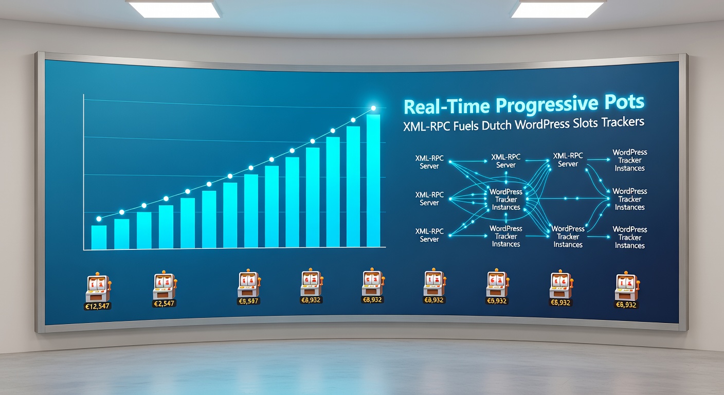Schermafbeelding van een real-time dashboard met stijgende progressieve jackpots op een Nederlands WordPress-platform, compleet met XML-RPC integraties en live updates