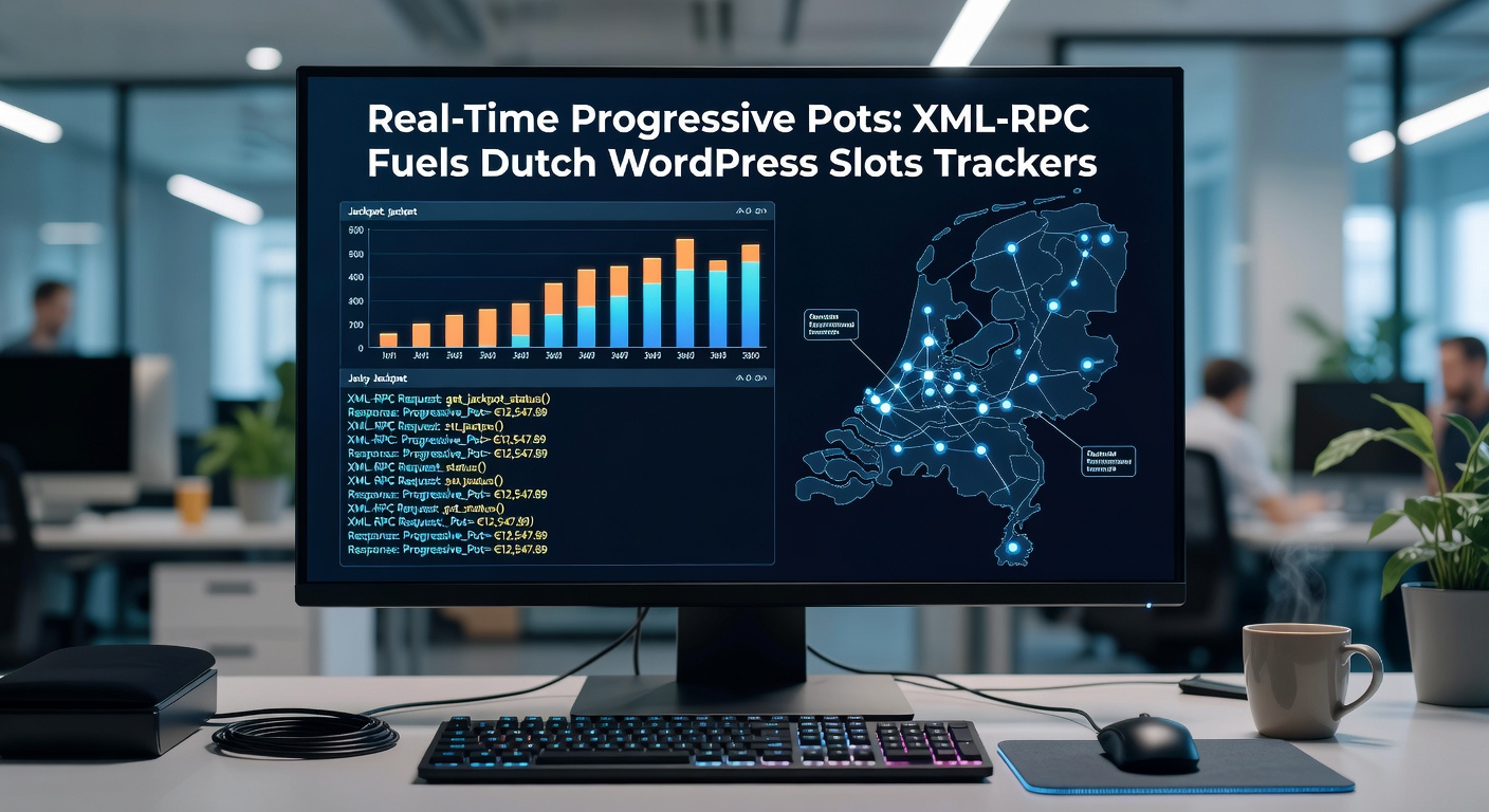 Grafiek met XML-RPC dataflow in een WordPress slot tracker, illustrerend live jackpot updates en servercommunicatie in de Nederlandse markt