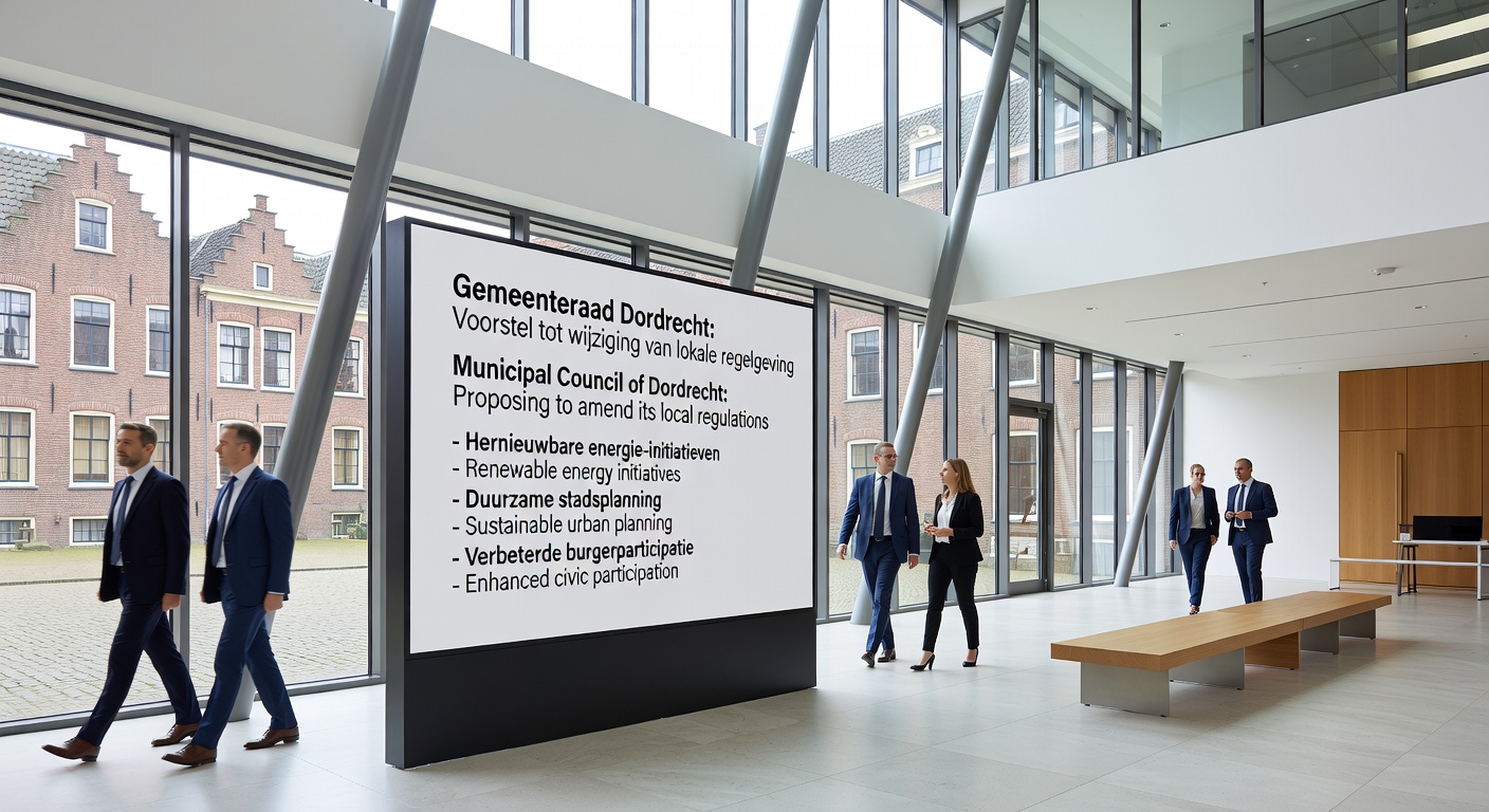 Gemeenteraadsleden in Dordrecht debatteren over gokregels met papieren documenten en een model van de stad op tafel