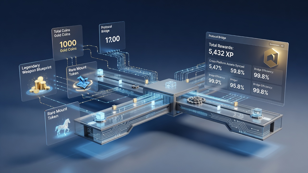 Diagram van protocolbruggen die beloningsdata synchroniseren tussen verschillende gaming content systemen