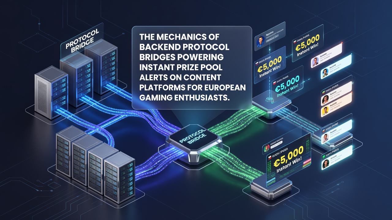Diagram van backend protocolbruggen die instant prijs pool alerts verbinden met content platforms
