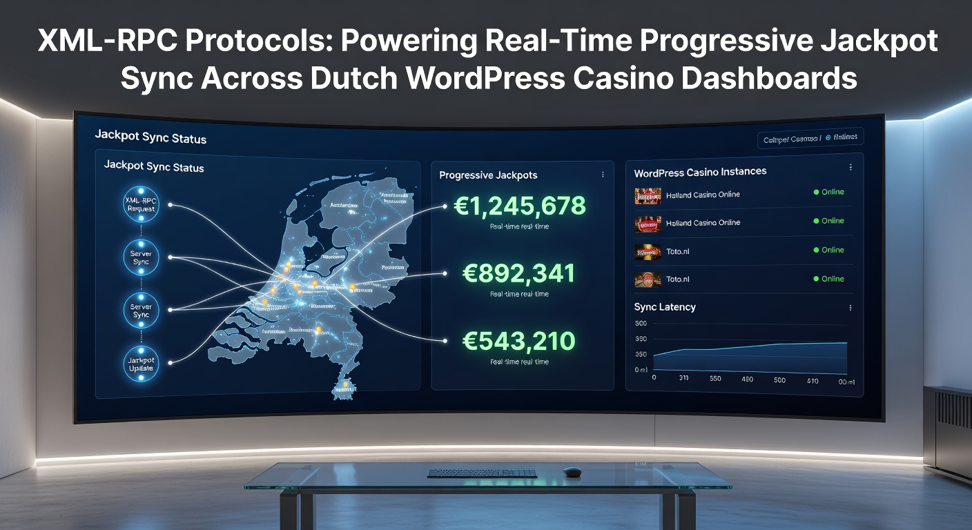 Diagram van real-time XML-RPC synchronisatie tussen jackpot databases en WordPress casino interfaces